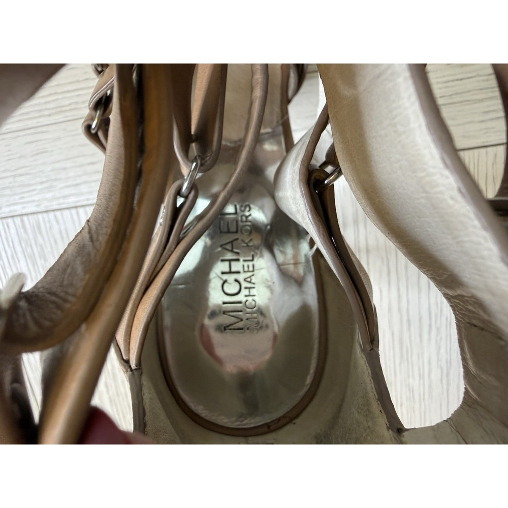 Michael Kors 4.5" Heel Sandals 9M Brown Leather Cross Strap Leonia Buckle Shoe - Picture 11 of 12